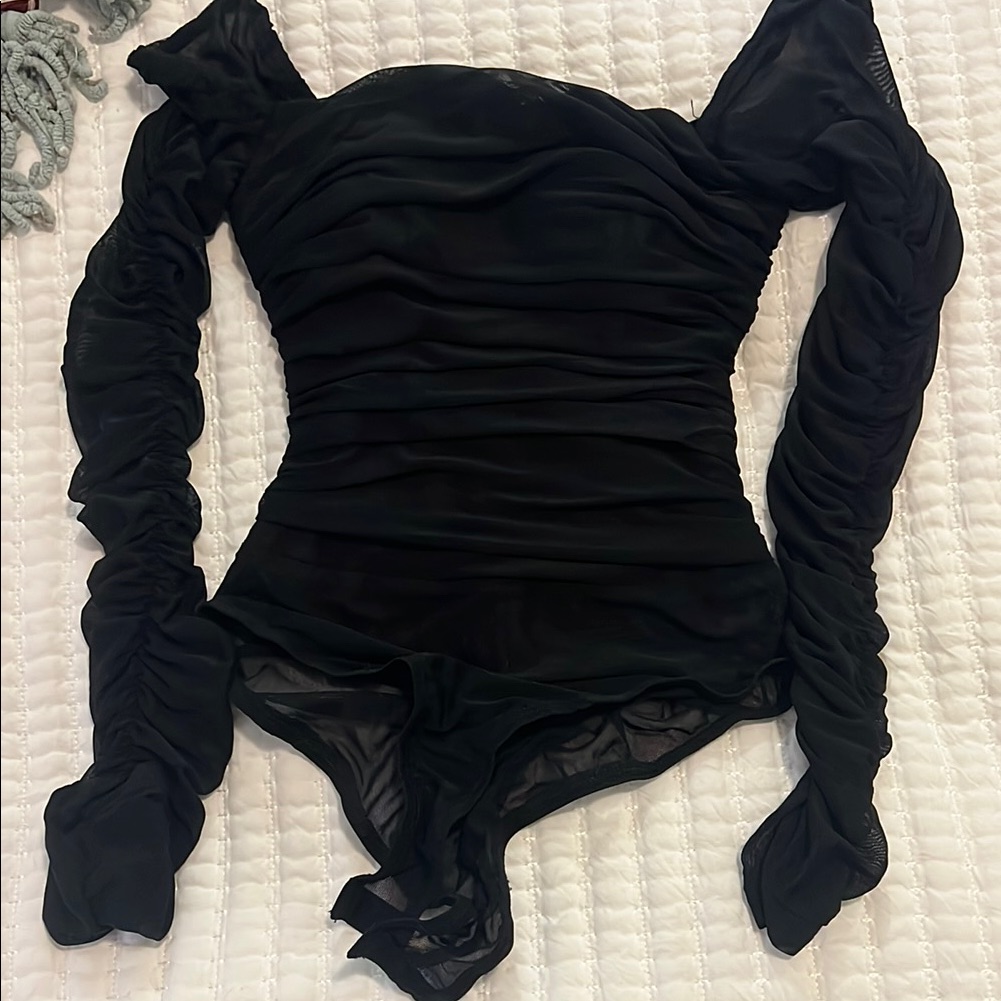 Black Ruched Long Sleeve Bodysuit